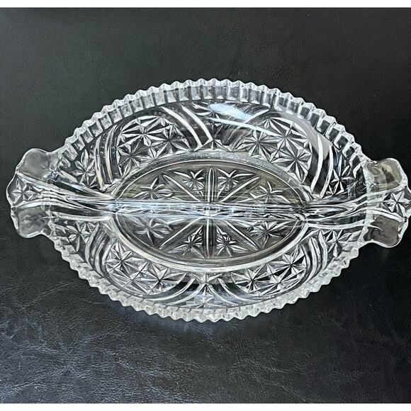 Vintage Heavy Cut Glass Divided Serving Dish With Handles Anchor Hocking - Picture 1 of 4